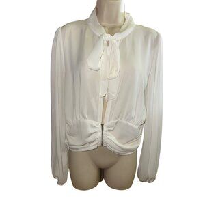 Fashion Nova White Long Sleeve Tie Neck Blouse XL Zipper Waist Sexy Secretary
